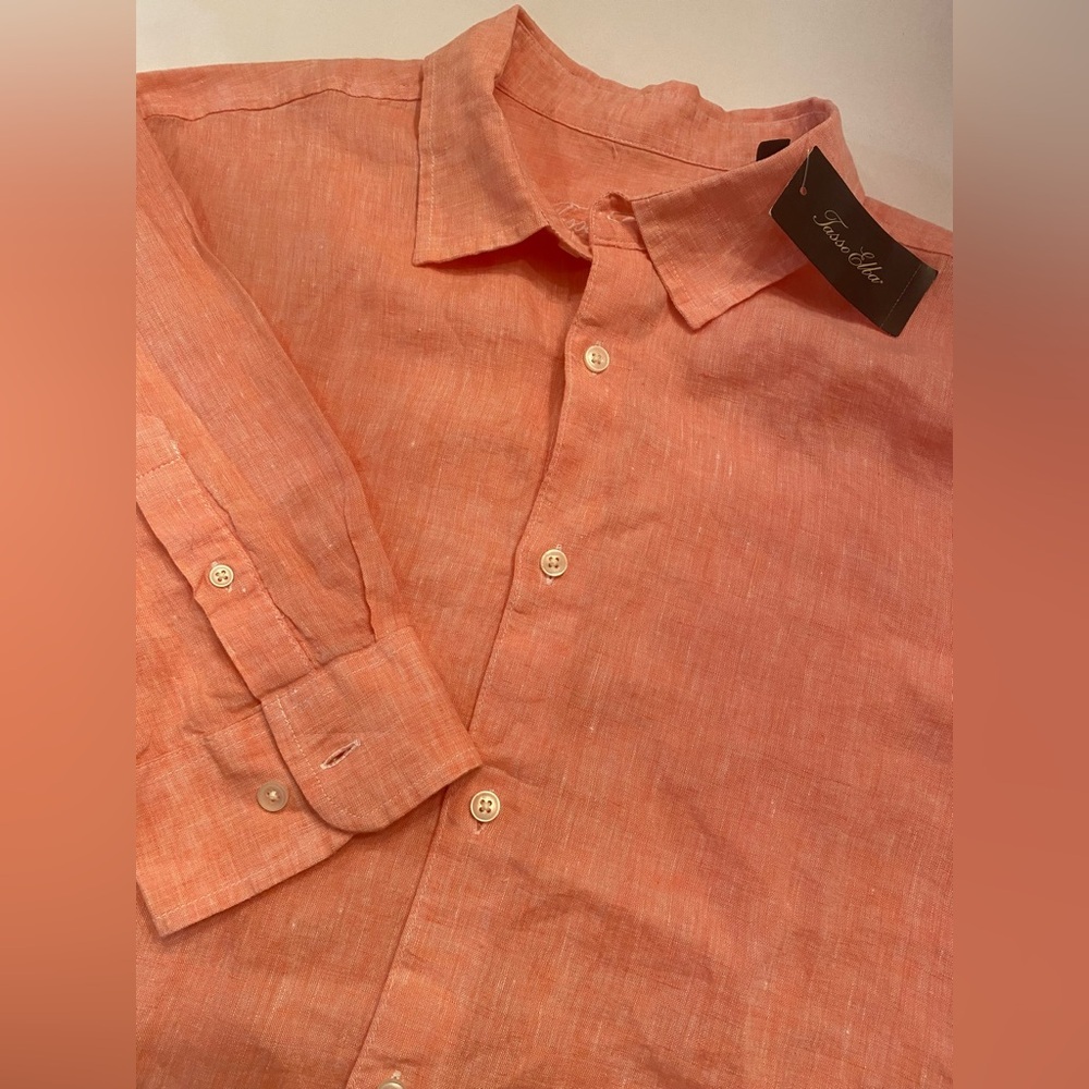 Tasso Elba Men's Long Sleeve Linen Shirt Salmon Color‎ Size XL